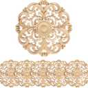 6 Pcs Decorative Wood Carved Appliques Onlays, 5.1 x 5.1 inch Unpainted Solid Wood Round Carving Decal for Furniture Cabinet Bed Wardrobe Closet DIY Decoration (Type 3)
