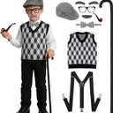 nezababy Kids 100 Days of School Costume for Boys, Old Man Costume Accessories for Kids Boys with Grandpa Vest Hat Dress Up Outfit (Large/ 10-12Y)