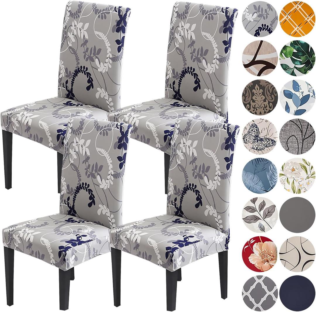 HZDHCLH Chair Covers for Dining Room Set of 4,Stretch Spandex Grey Parsons Chair Slipcover 4 Pack,Removable Washable Dining Chair Cover,Anti-dust Chair Seat Protector for Kitchen,Wedding,Party, Grey/Leaf Pattern, 4 PCS