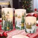 Christmas Flameless Pillar Candles Winter Snowflakes Village Theme Battery Operated with Remote Real Wax LED Flickering Realistic Flame Light Window Christmas Gifts Holiday Home Decor