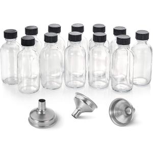 AOZITA 12 Pack, 2 oz Small Clear Glass Bottles w/Lid & 3 Funnels - 60ml Boston Shot Bottles for Health, Immunity, Potion, Wellness, Sample, Ginger, Juice - Mini Personal Care & Beauty Travel Bottle