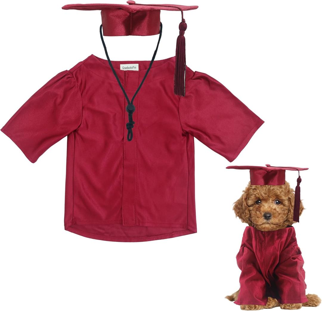 GraduatePro Dog Graduation Cap and Gown Costume Set - Adjustable Knit Fabric with Gold Tassel, 4 Sizes (S/M/L/XL) for Small Dogs & Cats to Medium Dogs, Washable Formal Pet Graduation Attire (Maroon)
