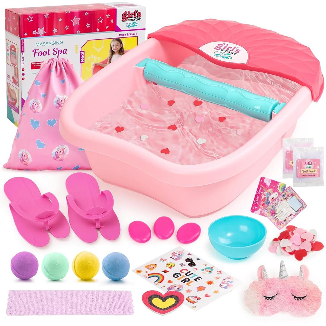 Kids Foot Spa Kit with Pedicure Set for Girls 3-8, All-in-1 Kids Spa Day Kit with Bubble Soak & Massage, Sleepover Party Birthday Gifts (Pink)