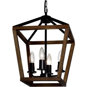 4-Light Lantern Pendant Light,Black Wood Cage Farmhouse Chandelier for Kitchen Island,12'' Rustic Metal Geometric Hanging Lighting Fixture for Kitchen Island Dining Room Bedroom Foyer Entry