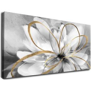 SOUGUAN Flower Wall Room Decor Gold Decoration White Flower Artwork for Living Room Office Dining Room 24x48 Inch (24"x48", Grey)