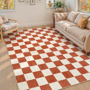 Machine Washable 5x7 Area Rugs for Living Room Checkered, Non Slip Soft Low Pile Farmhouse Halloween Modern Neutral Playroom Boys Rugs for Bedroom, Large Carpet Rugs for Dining Room(Orange,5'x7')