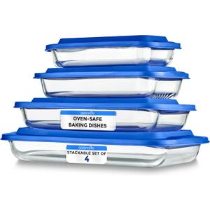 SereneLife 8-Piece Glass Baking Dish with Lids Set - ( 4 Heavy Duty Rectangular Glass Baking Pan with 4 BPA-Free Lids ), Oven-Safe Bakeware for Lasagna, Meats, Desserts - Dishwasher Safe, Blue