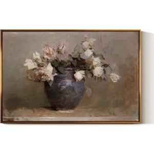 InSimSea Golden Framed Vintage Canvas Wall Art Roses Flower Floral Painting Prints Still Life 24x36in, Moody Rustic Canvas Gallery Print, Neutral Colors Romantic Farmhouse Home Botanical Wall Decor