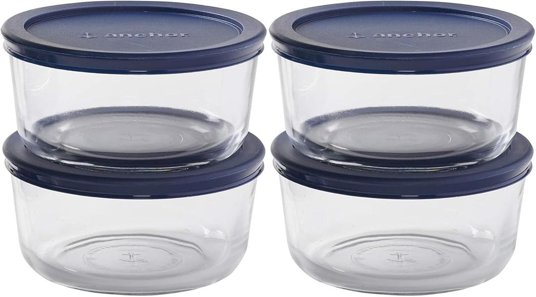 Anchor Hocking SnugFitTM Round Food Storage Containers with Lids (4-Piece, 4-cup, Navy Blue, oven-safe)