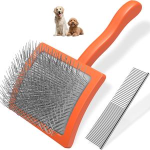2PCS Slicker Brush for Dogs & Pet Comb,Professional Dog Grooming Brush (Goldendoodles,Poodles,Labradoodles) with Extra Long Pins to Effectively Remove Tangles, Knots and Mats (Orange, Large)