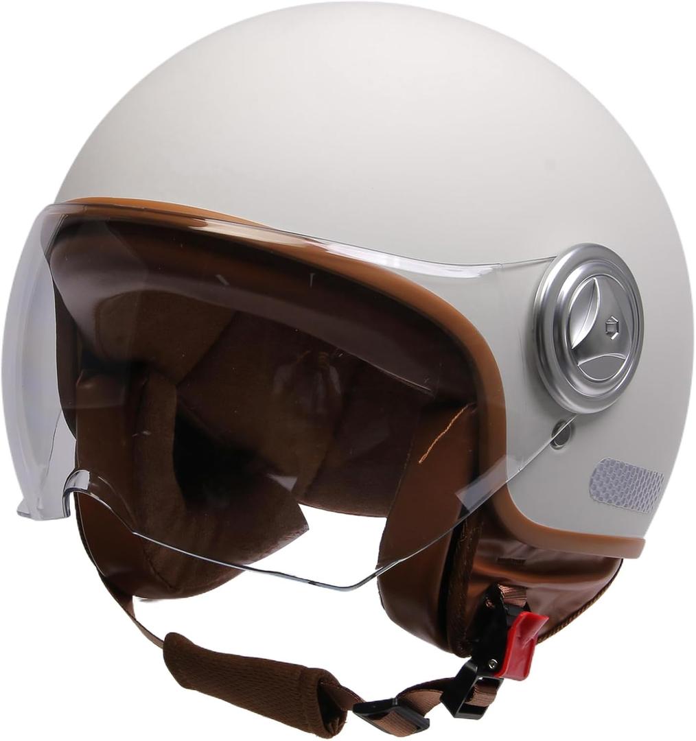 Men Women Open Face Motorcycle Helmet Aldult Retro German 3/4 Motorbike Half Helmet FMVSS 218 DOT Approved Vintage Skull Cap Helmet Fashion Lightweight Scooter Cruiser Chopper Moped Helmet (White)