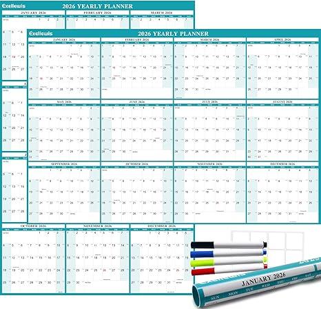 24" x 36" Exellewis 2025 Wall Calendar, Wet & Dry Erase Laminated, Yearly Wall Calendar, Horizontal/Vertical Annual Planner, 12 Month January to December for Easy Planning, Organizing