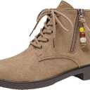 Women's Suede Side Zipper Ankle Boots with beads Casual Round Toe Low Block heel Lace-Up Walking Booties for Work Daily Party Dating, Size 43