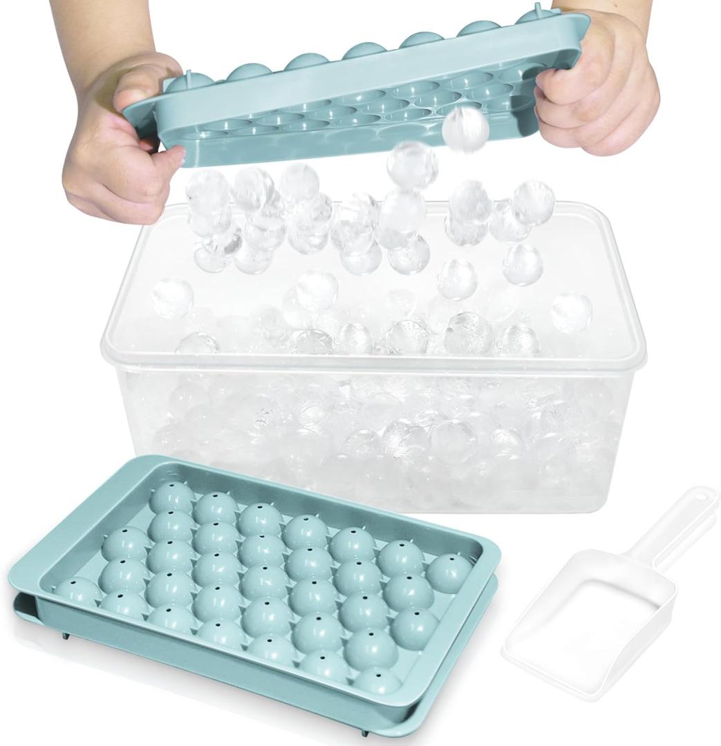 WIBIMEN Ice Cube Tray with Lid and Bin - Round Ice Trays for Freezer with Lid - Ice Cube Trays for Freezer with Ice Container (0.8"-2PACK Blue)