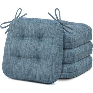 Shinnwa Kitchen Chair Cushions Set of 4, Dual-Layer Memory Foam Dining Chair Cushions, Patented Design Seat Pads with Ties, 16.5 x 16.5 x 3.5in, 4 Pack, Denim Blue