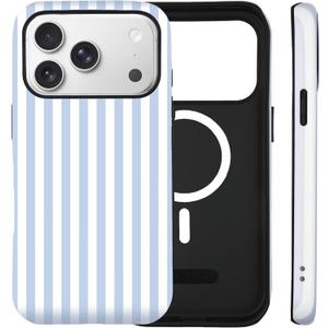 for iPhone 17 Pro Max Case Cute Striped Phone Case Compatible with MagSafe, Dual-Layer Shock Protection(Hard PC + Silicone) - Aesthetic Protective Phone Cover for Women Girl, Blue and White