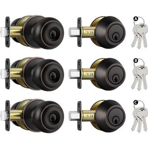 Goldenwarm 3 Pack Entry Door Lock with Deadbolt Keyed Unlike, Oil Rubbed Bronze Exterior Door Knobs with Single Cylinder Deadbolt, Stainless Steel Front Door Lock Sets for Rental Properties & Offices