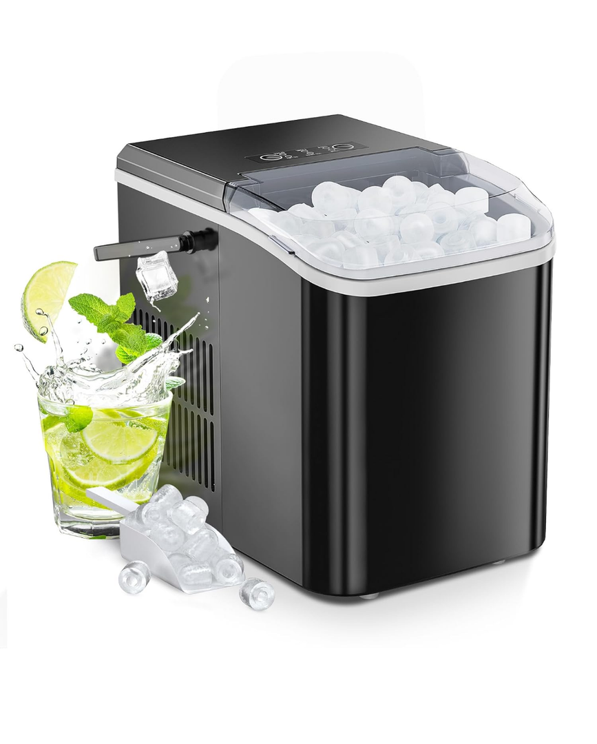 Sweetcrispy Countertop Ice Maker with Handle, 26lbs/24H Portable Ice Machine, 9 Bullet Ice Cubes Ready in 6 Mins, Self-Cleaning, Quiet Compact Ice Maker for Home, Kitchen, RV, Camping, Black