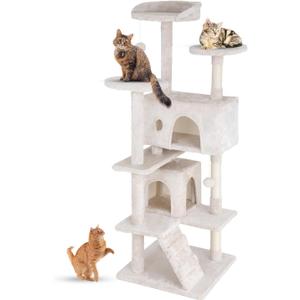 FDW | 54" Cat Tree Tower | Beige | Multi-Level Indoor Activity Center with Sisal Scratching Posts, Condos, Plush Perches, Hanging Cat Toys | Sturdy, Easy to Assemble | for Kittens & Adult Cats