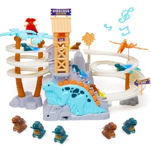 Dinosaur Chasing Track Playset with Music - Double Loop Slide, Climb Stairs & Roller Coaster, Educational Toddler Toy for Parent-Kid Play, Gift for 3+ Boys Girls (Green) (Blue)