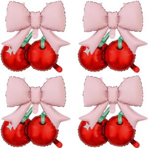 8Pcs Cherry Pink Bow Balloons for Baby Shower Decorations Girls Cherry First 2nd Birthday Party Decorations