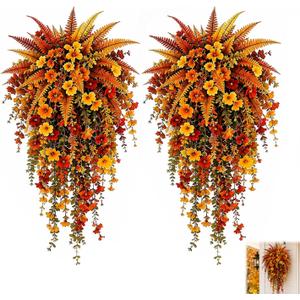 2Pcs Artificial Fall Harvest Hanging Basket,UV Resistant Faux Autumn Floral