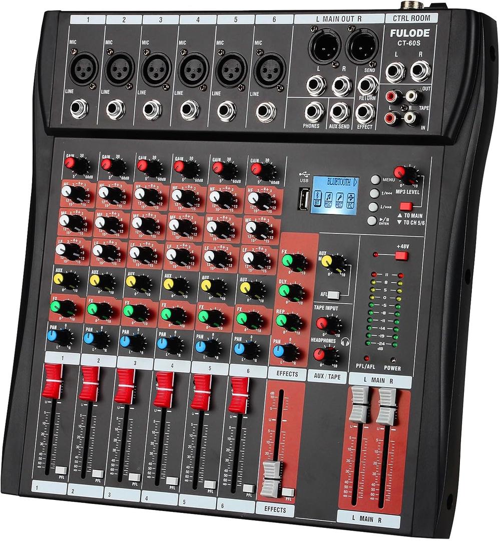 FULUODE 6 Channel Mixer Audio Console, CT-60S Professional Music Mixer DJ Mixing Board with Reverb Bluetooth MP3 Player 48V Phantom Power Supply USB Recording for Studio Karaoke Live Performance