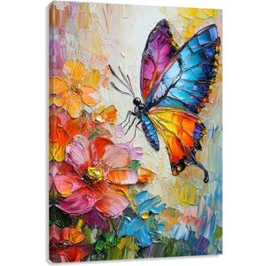 Colorful Butterfly Canvas Wall Art, Colorful Butterfly and Flower Painting Poster Wall Decor, Take Nectar on Flowers Picture for Living Room Bedroom Bathroom Home Decoration12*18 in (Stretched Canvas on A Wooden Frame)