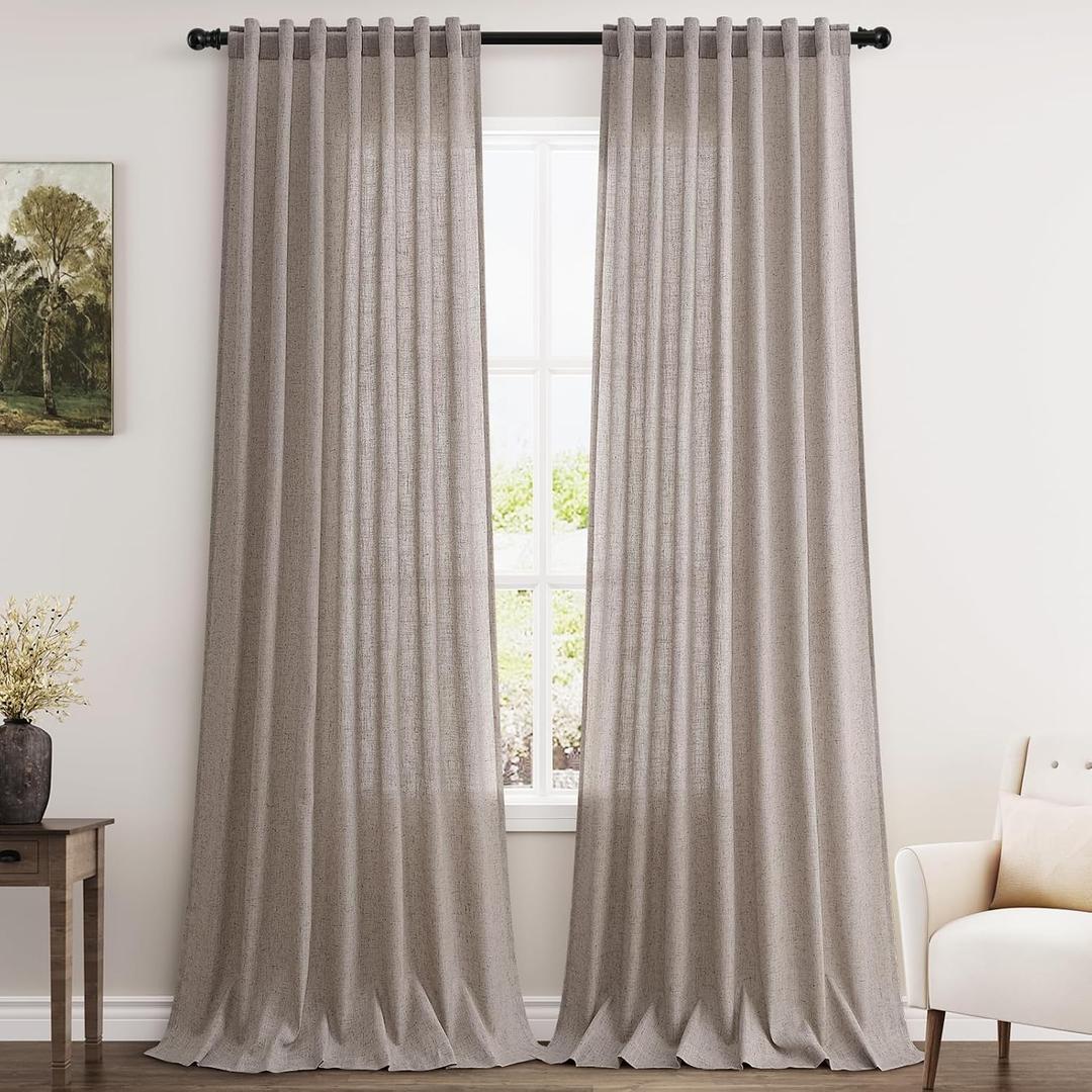 Extra Long Brownish Grey Curtains 2 Panels 102 Inches Long for Living Room Back Tab Pocket Light Filtering Semi Sheer Drapes Cotton Linen Textured Window Curtain 102 Inch Length for Bedroom 9 FT