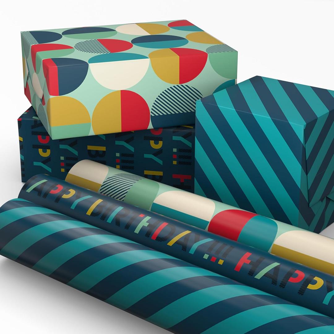 Hallmark Birthday Wrapping Paper Mini Rolls, 3-Pack (Navy Blue and Teal Stripes, Orange and Yellow Mod Circles) for Graduations, Father's Day, Easter, Any Occasion - 60 Sq. Ft. Total