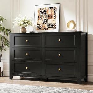 GarveeHome 6 Drawer Dresser for Bedroom, Black Dresser with Deep Drawers & Metal Knobs, Large Modern Wooden Chests of Drawers for Entryway, Hallway
