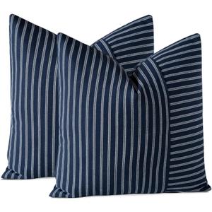 OTOSTAR Pack of 2 Striped Patchwork Farmhouse Decorative Throw Pillow Covers 18 x 18 Inch Square Cushion Cover Couch Home Decor Modern Accent Pillow Cases for Sofa Bedroom Living Room (White Navy)