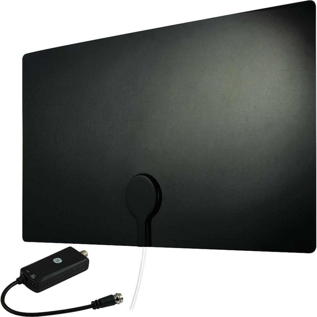 GE Ultra Edge Indoor TV Antenna, 50 Mile Range, Home Decor, Digital, HDTV Antenna, Smart TV Compatible, 4K 1080P VHF UHF, 6ft Coaxial Cable, Amplifier, Signal Booster, 33678