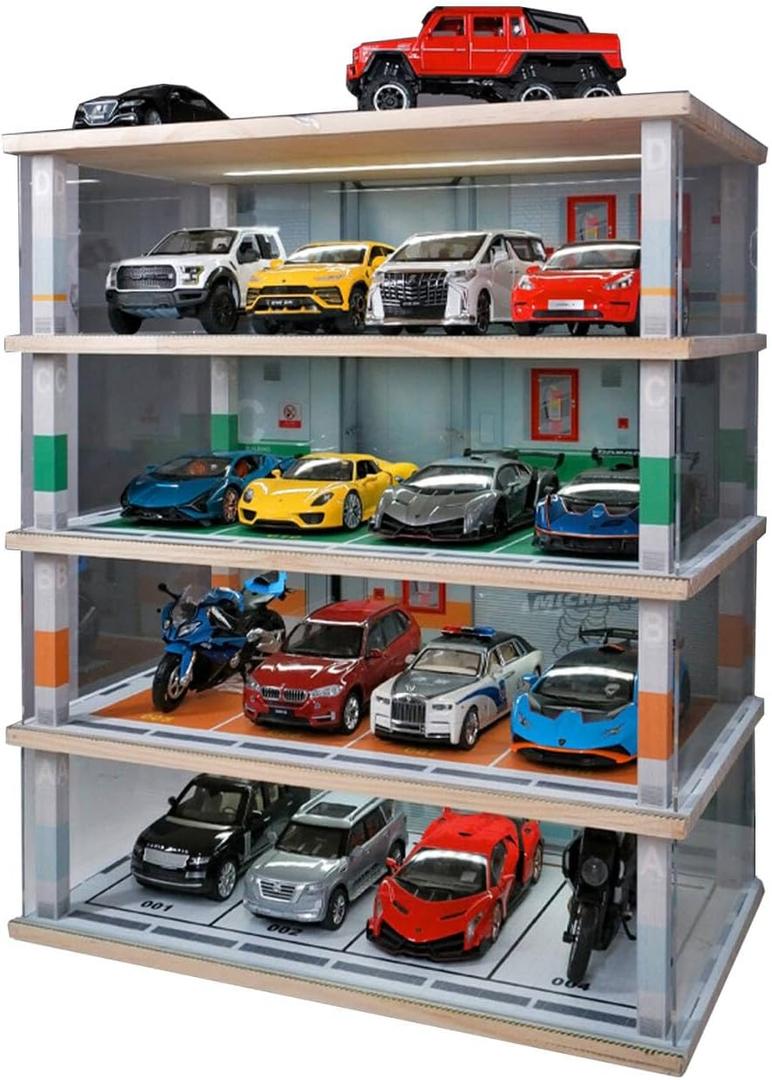 Diecast Car Model Display Case 4 Tiers 1:24 Scale,with LED Light and Acrylic Dust Cover Toys Car Model Display Stand ,Parking Lot Scene Hot Diecast Wheels Collectible Car Model Storage Cabinet