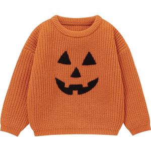 Toddler Girl/Boy Halloween Sweater Pumpkin Smile Embroidery Sweater Knitted Pullover Fall Winter Clothes (18-24 Months, Unsex-orange)