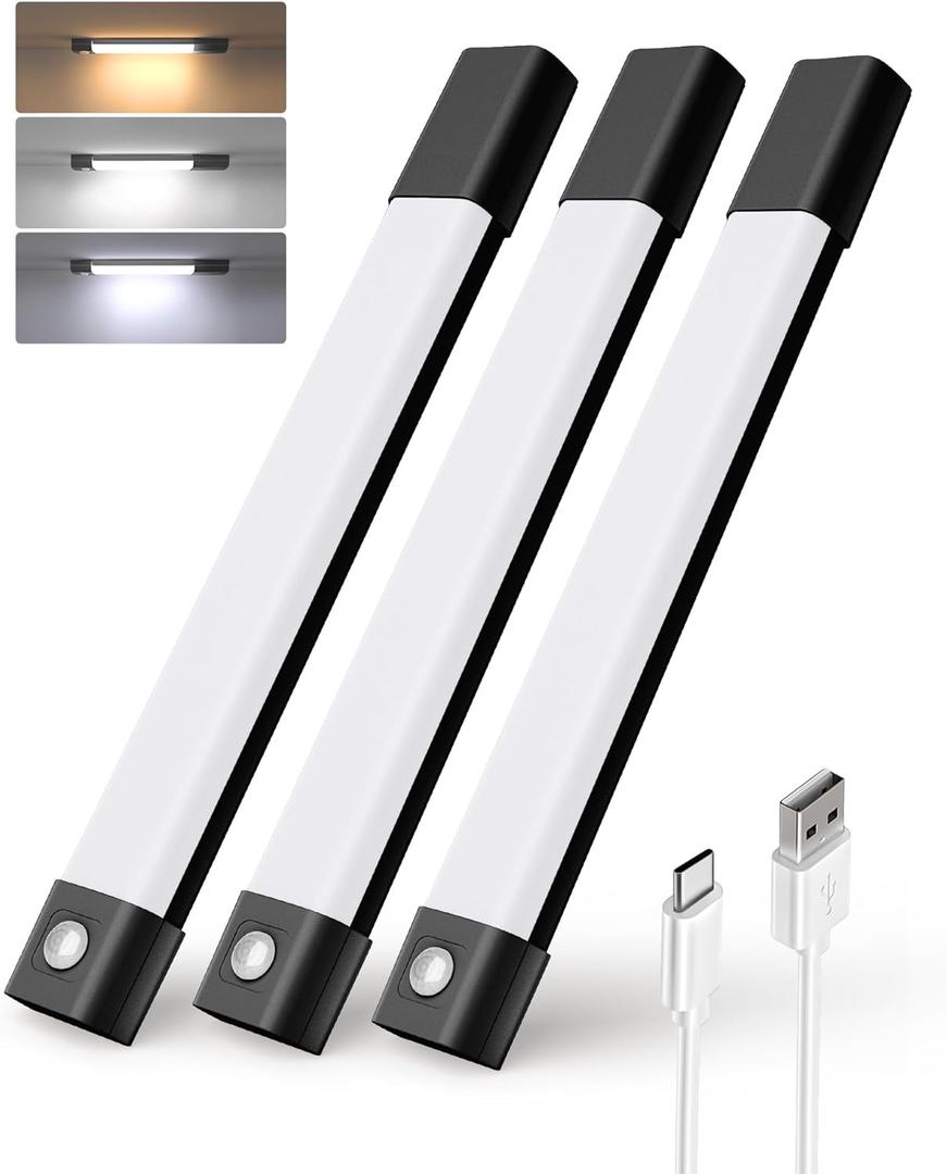 EZVALO Under Cabinet Lighting, Wireless Closet Lights, 50 LED Rechargeable Motion Sensor Light, Dimmable, 3 Color Temperatures, 11.8 in Counter Lights for Kitchen, Pantry, Wardrobe (3 Pcs, Black)