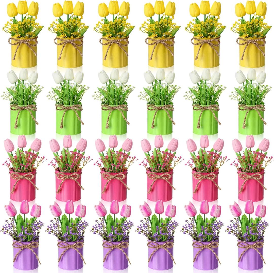 Domensi 24 Set Spring Table Centerpieces Artificial Tulips and Babys Breath Decorations in Metal Pots Faux Multicolor Tulip Potted Flower Fake Floral Bouquet for Home Office Wedding Decor