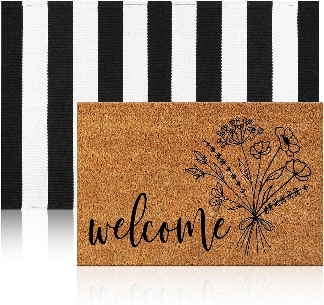 Duraaamo 2 Pcs Spring Coir Doormat Outdoor Flower Welcome Outdoor Rug Front Porch Mats Layered Black and White Stripe Rugs for Spring Front Porch Entryway Decor