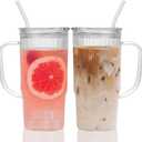 GOSCHE Glass Cups with Lids and Straws, Glass Tumbler with Handle for Iced Coffee, Tea, Juice, Smoothies, 24oz Drinking Cup with Plastic Lid for Hot & Cold Beverages, 2 Pcs