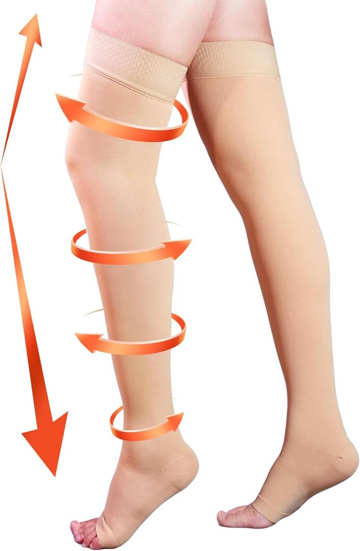 20-30 mmHg Compression Stockings for Women & Men, Thigh High Compression Socks Open Toe, Silicone Dot Band, XXL