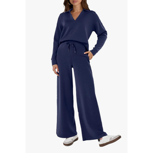 Glamaker Women's 2 Piece Sets Outfits Casual Long Sleeve Sweatsuits Polo Top and Wide Leg Pants Matching Sets, XL