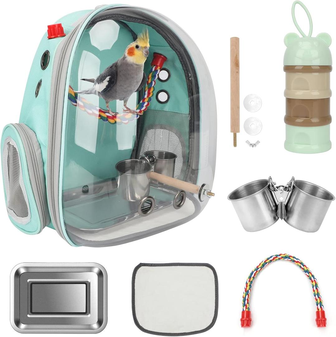 Rypet Bird Carrier Backpack Parrot Portable Breathable Bag Pet Bird Lightweight Travel Cage with Standing Perch and Stainless Steel TrayMint Green