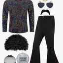 70s Disco Outfit for Men 70s Costume with Retro Shirt Bell Bottom Pants Wig Sunglasses Necklace Mustache XXL