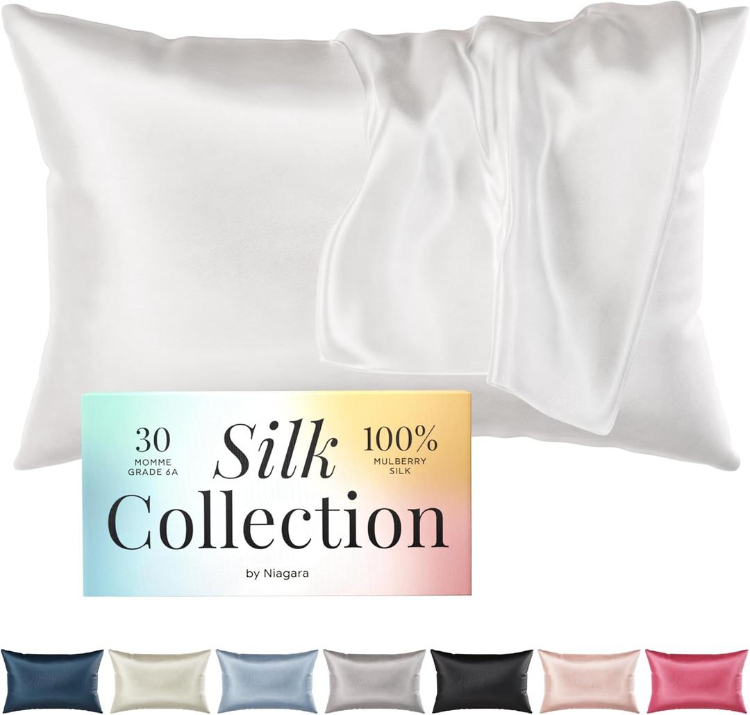 Niagara 100% Mulberry Silk Pillowcase - 30 Momme Silk Pillow case for Hair and Skin - Grade 6A Silk Pillow Cases with Zipper - Soft & Cooling White Silk Pillowcase Queen Size (20"x30")