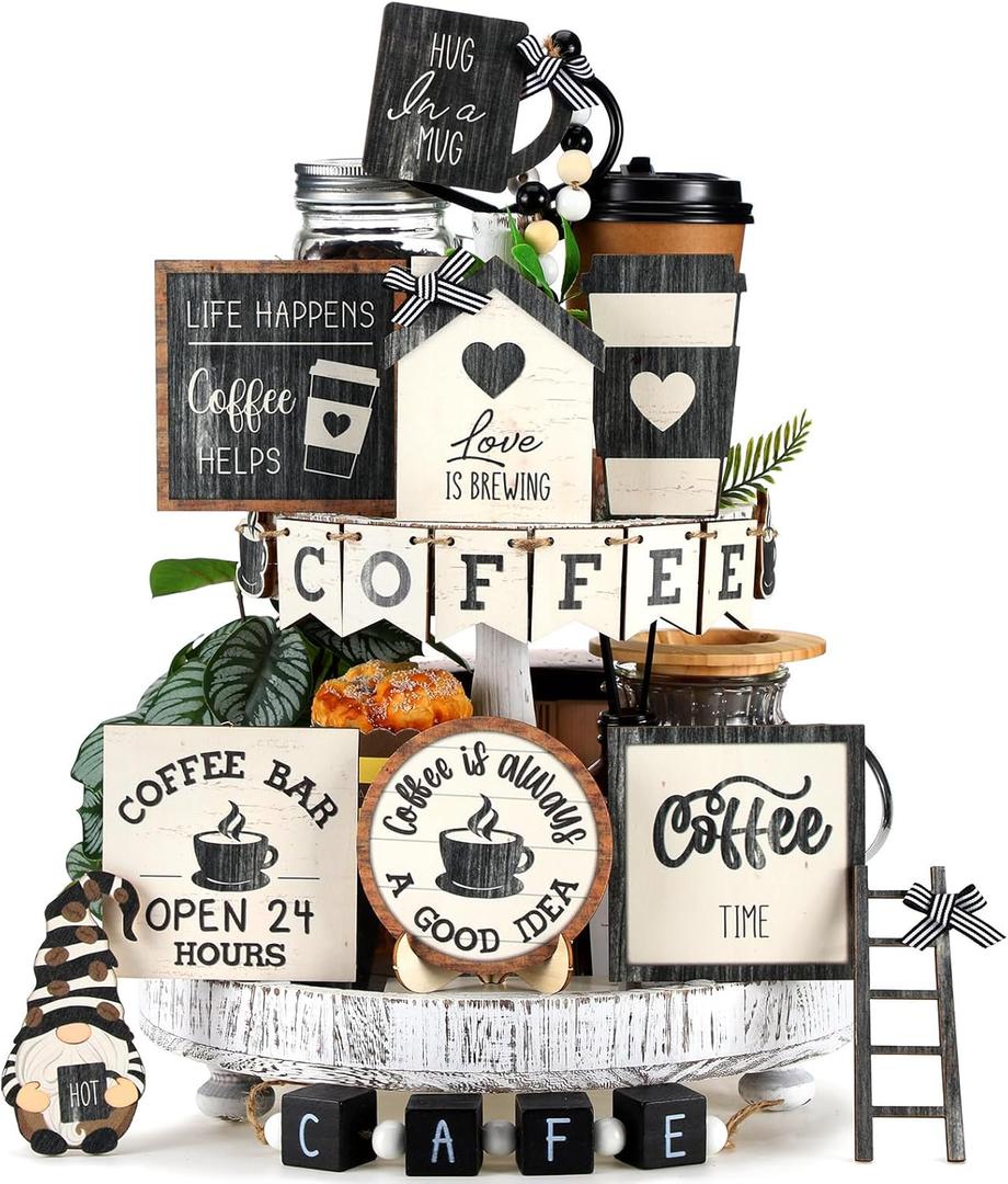 Mifoci 17 Pcs Coffee Tiered Tray Decorations Wooden Coffee Bar Decor Farmhouse Bar Accessories Gnome Wooden Table Sign for Table Kitchen Winter Valentines Gift