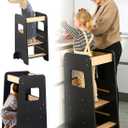 Toddler Step Stool - Adjustable Height Wooden Step Stool for Counter, Kids Kitchen Step Stool, Kitchen Tower for Toddlers, Grows with Your Child, Black