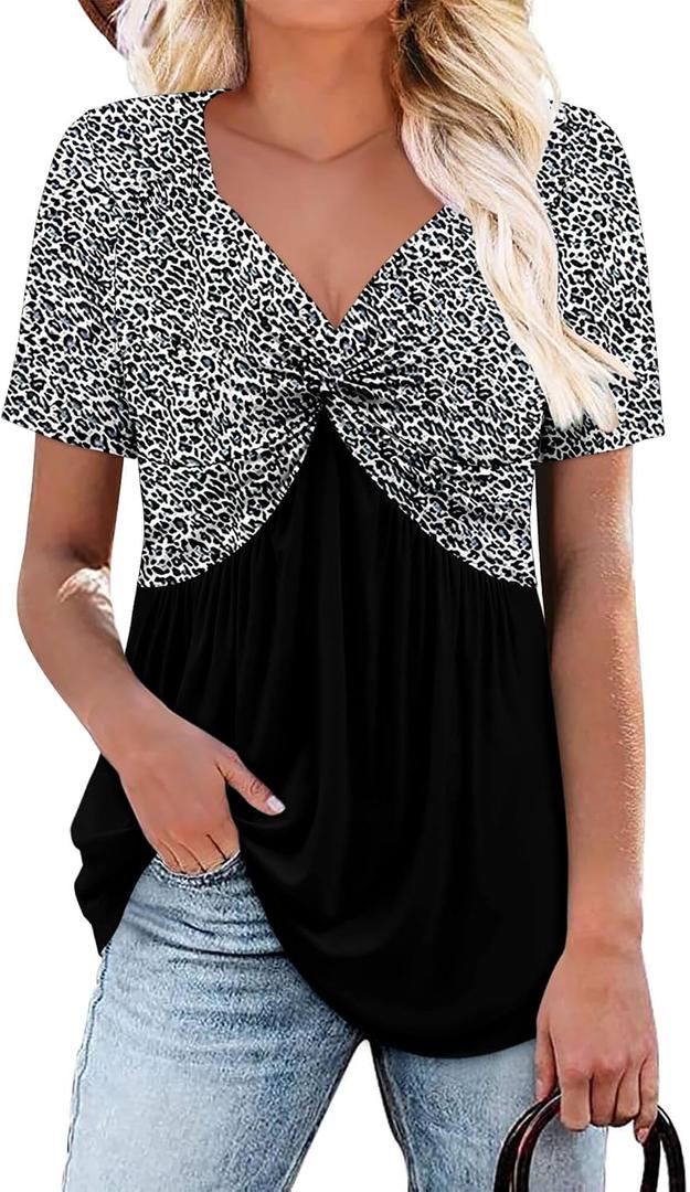 ONLYSHE Womens V Neck Shirts Short Sleeve Tops Front Knotted T Shirt Casual Solid&Floral Tunic Summer Henley Tees Blouse (XXL)