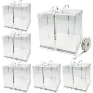 6 Pack Clear Cake Box with Ribbon - 10 x 10 x 9.75 Inch Tall PET Cake Carrier Boxes 2-Layer Transparent Gift Packaging Box with Lid for Wedding, Birthday, Festival Cakes Display and Transport