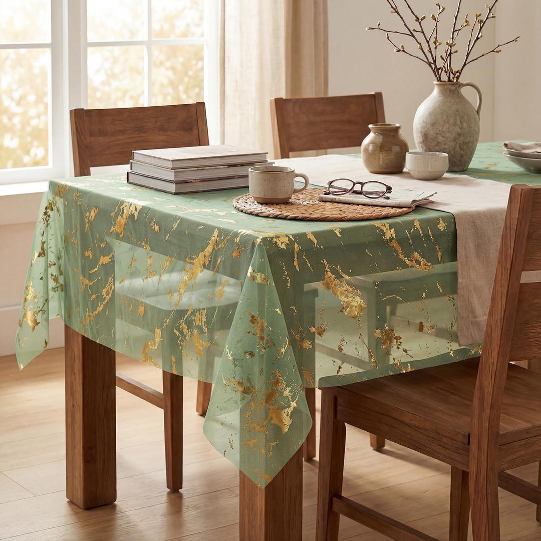 Horaldaily Sage Green Gold Gauze Tablecloth 6084 Inch Rectangular, Golden Marble Glitter Metallic Foil Thin Mesh Table Cover, Sheer Chiffon Tulle Cheesecloth for Wedding Baby Shower Party