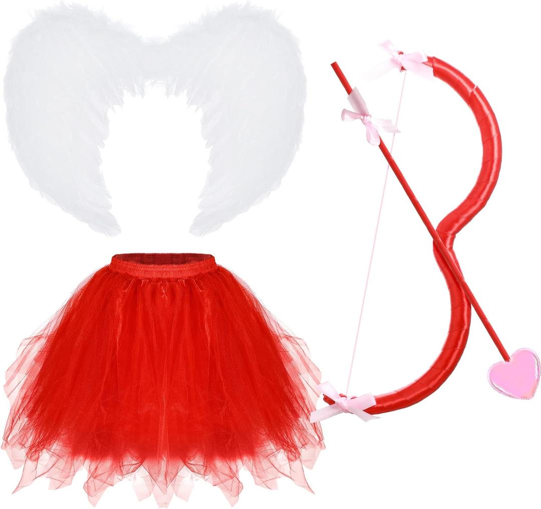 Haysandy 4 Pieces Valentines Cupid Costume Women Cupid Accessory Set, Valentine Cosplay Bow and Arrow Tutu Skirt Wings Adult (Red)